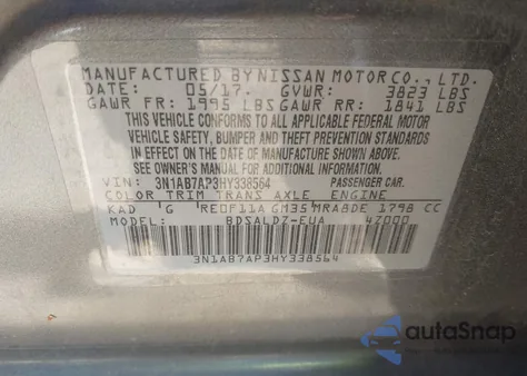 2017 Nissan Sentra Sv z USA, uszkodzony, nr VIN 3N1AB7AP3HY338564